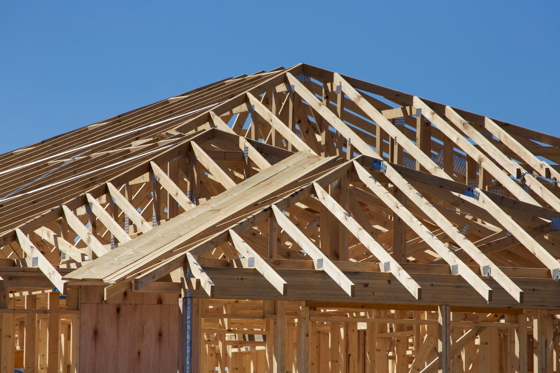 Roof trusses and house framing lit by low golden light.