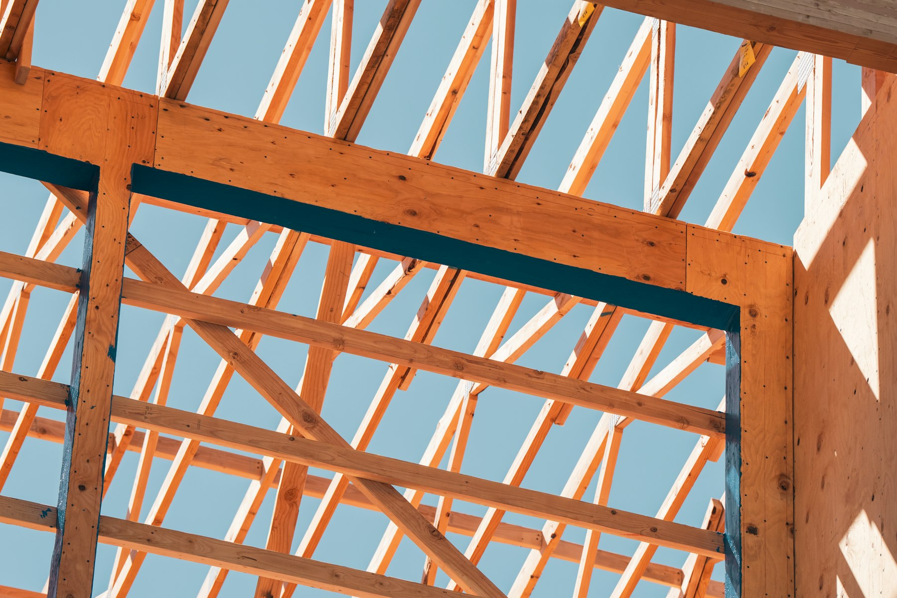 Timber roof framing seen from below against a blue sky, rafters converging at the ridge.